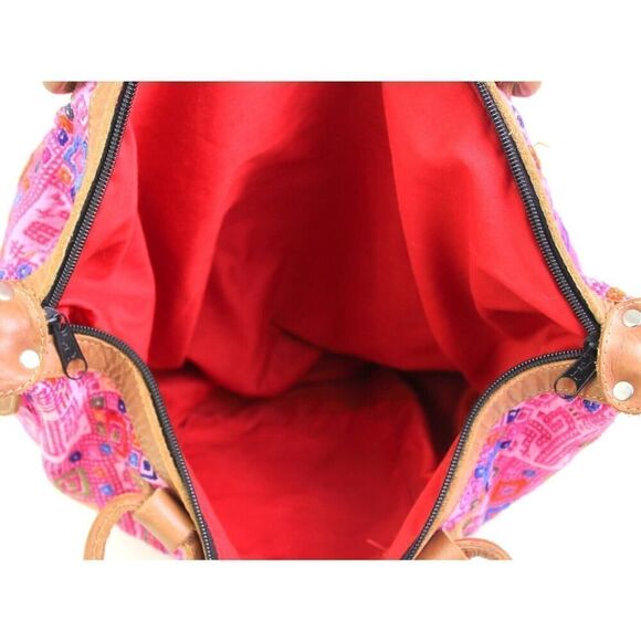 ROOMY HANDCRAFTED MULTICOLOR PINK KILIM BROWN LEATHER TRIM SHOULDER BAG HANDBAG - Picture 8 of 14